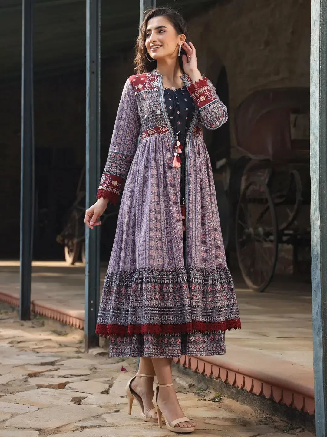 Women Lavender Cotton Cambric Tribal Printed Maxi Dress with Jacket.