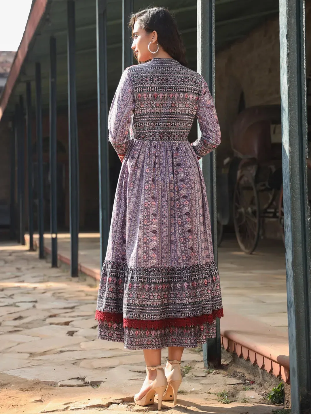 Women Lavender Cotton Cambric Tribal Printed Maxi Dress with Jacket.
