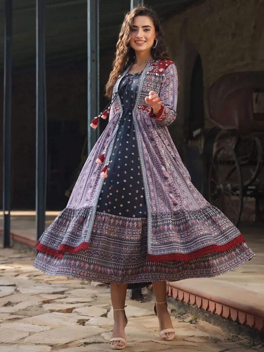 Women Lavender Cotton Cambric Tribal Printed Maxi Dress with Jacket.