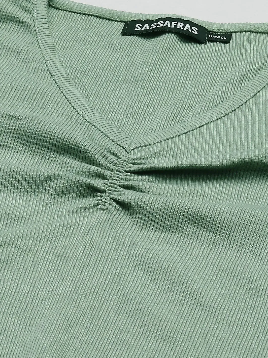 Women Olive Rib Full Sleeves Ruched Top