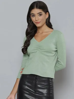 Women Olive Rib Full Sleeves Ruched Top