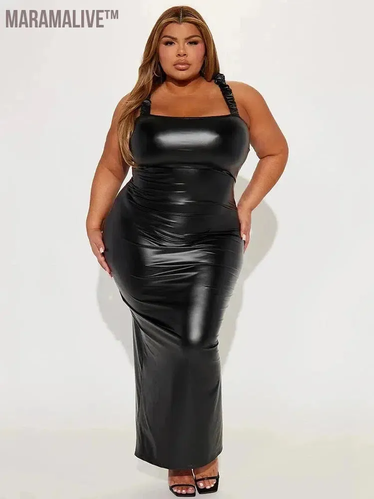 Women Plus Size Matte Leather Tank Dress Vintage Stretch Bodycon Faux Leather Maxi Dresses Backless Hem Split 6XL Clubwear 7XL