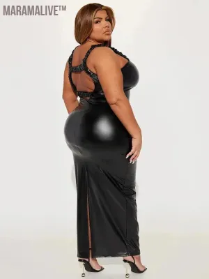 Women Plus Size Matte Leather Tank Dress Vintage Stretch Bodycon Faux Leather Maxi Dresses Backless Hem Split 6XL Clubwear 7XL
