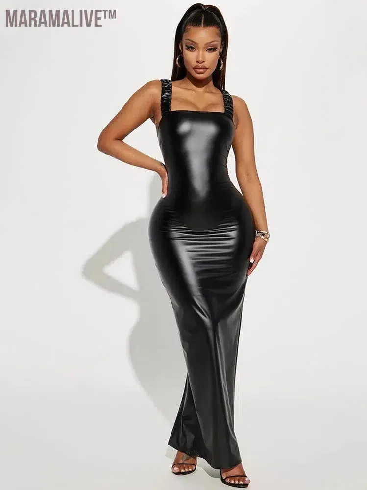 Women Plus Size Matte Leather Tank Dress Vintage Stretch Bodycon Faux Leather Maxi Dresses Backless Hem Split 6XL Clubwear 7XL