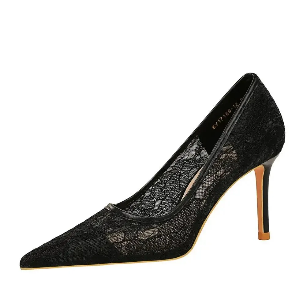 Women Pumps Luxury Mesh Lace Shoes Pointed-toe Shoes Wrap-toe Shallow High Heel Pumps For Ladies Annual Meeting Nightclub Shoes