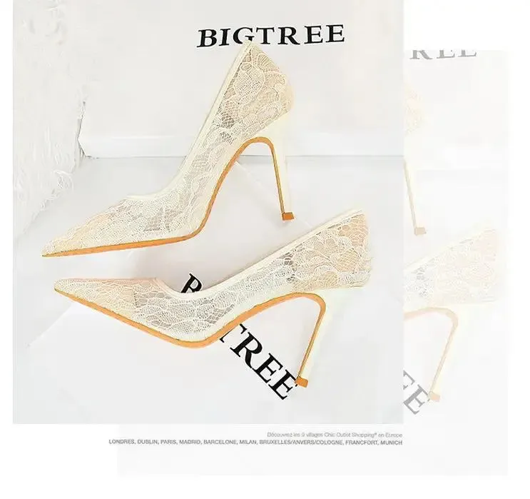 Women Pumps Luxury Mesh Lace Shoes Pointed-toe Shoes Wrap-toe Shallow High Heel Pumps For Ladies Annual Meeting Nightclub Shoes