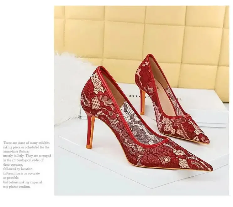 Women Pumps Luxury Mesh Lace Shoes Pointed-toe Shoes Wrap-toe Shallow High Heel Pumps For Ladies Annual Meeting Nightclub Shoes
