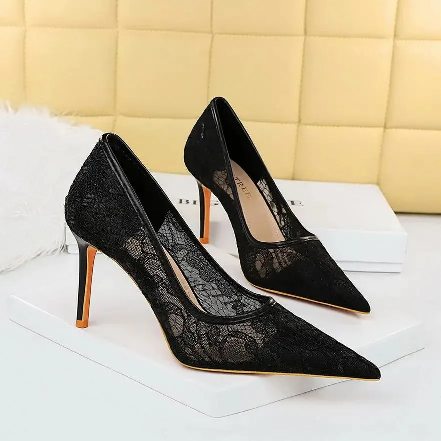 Women Pumps Luxury Mesh Lace Shoes Pointed-toe Shoes Wrap-toe Shallow High Heel Pumps For Ladies Annual Meeting Nightclub Shoes