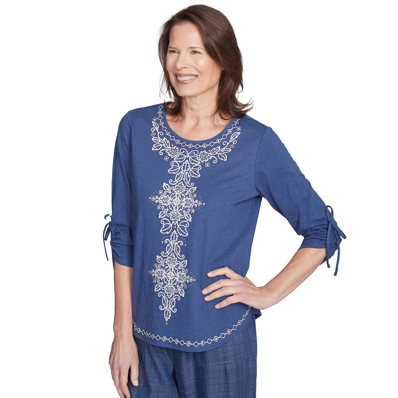 Women's Embroidery Centered Tie Sleeve Top - 98451