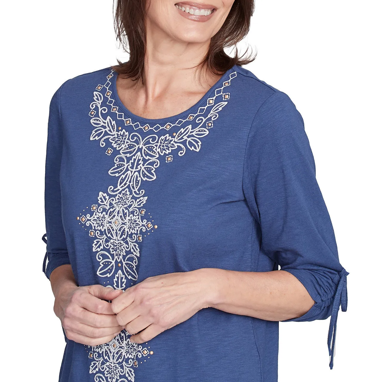 Women's Embroidery Centered Tie Sleeve Top - 98451