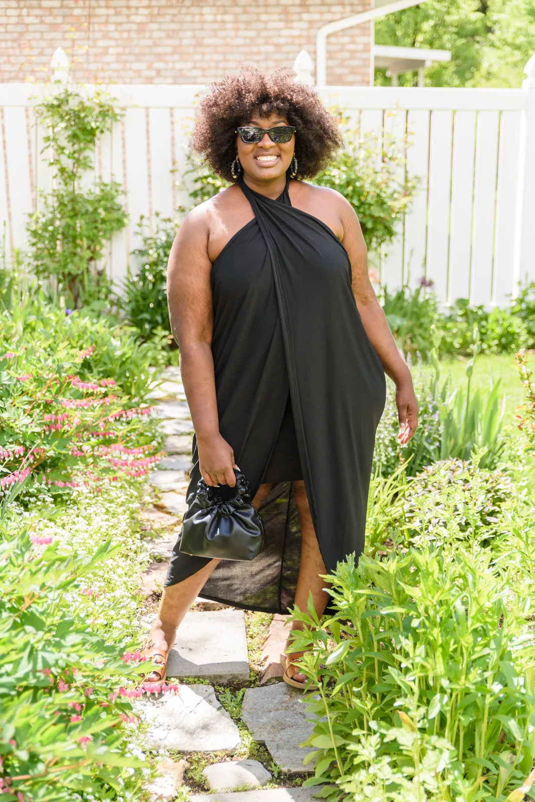 Women's Halter Top Black Belted Wrap Convertible Dress