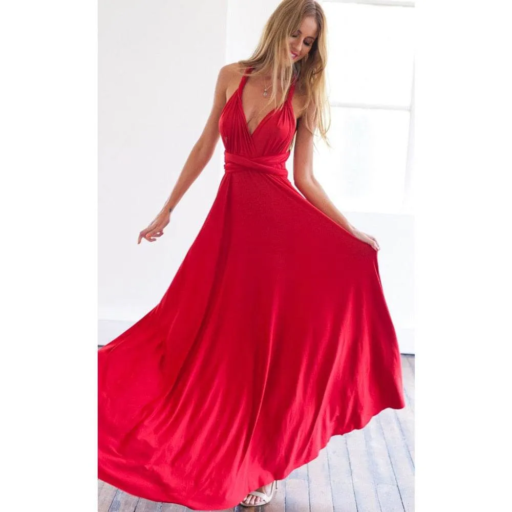 Women's Multiway Wrap Convertible Dress Boho Maxi Club Red Dress