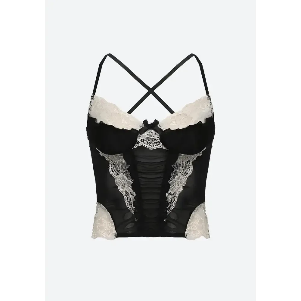 Y2K Lace Sheer Top with Elegant Bow Detail in Diaphanous Mesh