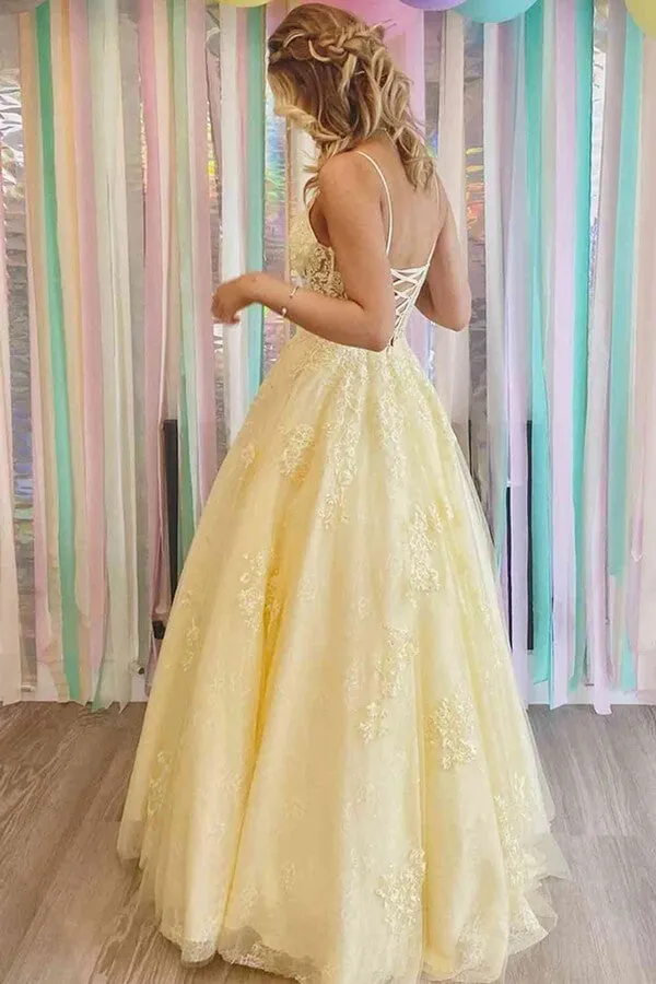 Yellow Tulle A-line V-neck Lace Appliques Prom Dresses, Long Formal Dress, MP740
