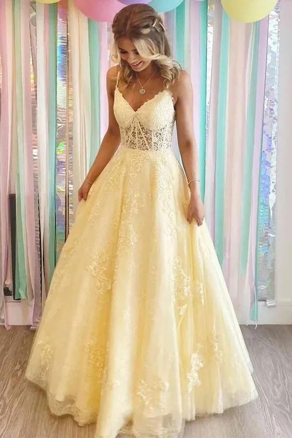 Yellow Tulle A-line V-neck Lace Appliques Prom Dresses, Long Formal Dress, MP740