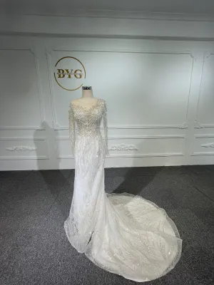 Z045- BYG heavy pearls beading mermaid dresses with Detachable train
