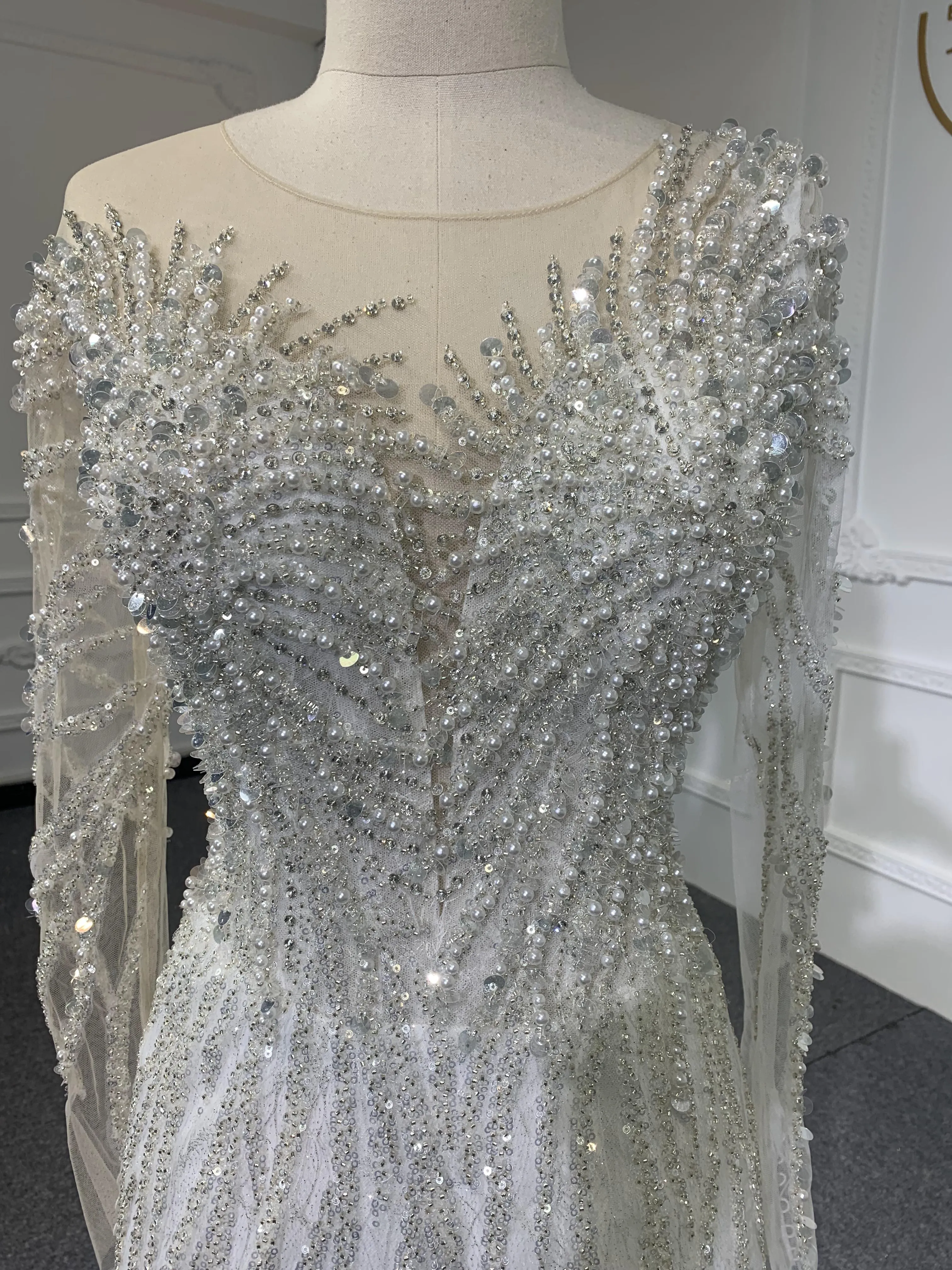 Z045- BYG heavy pearls beading mermaid dresses with Detachable train