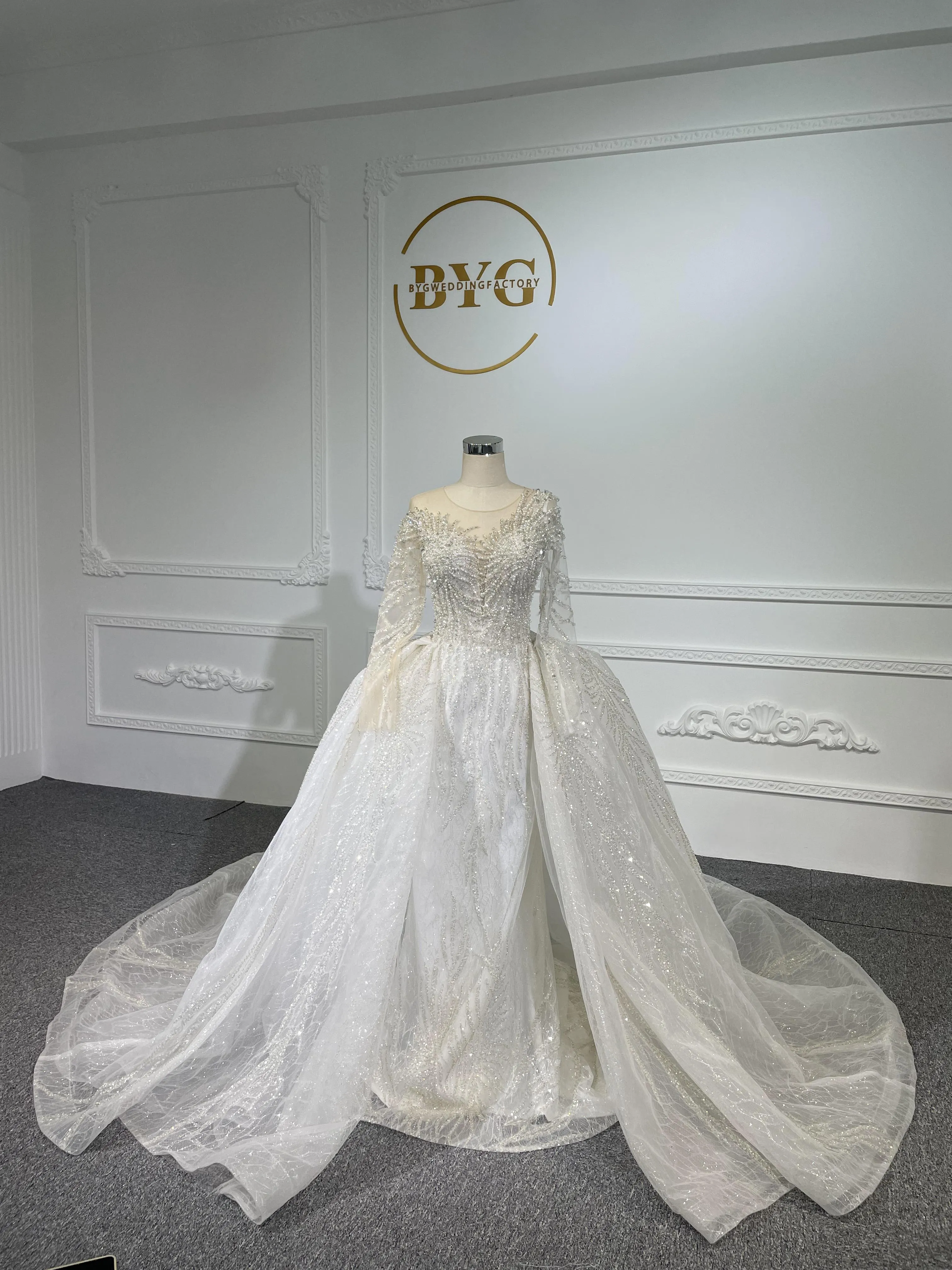 Z045- BYG heavy pearls beading mermaid dresses with Detachable train