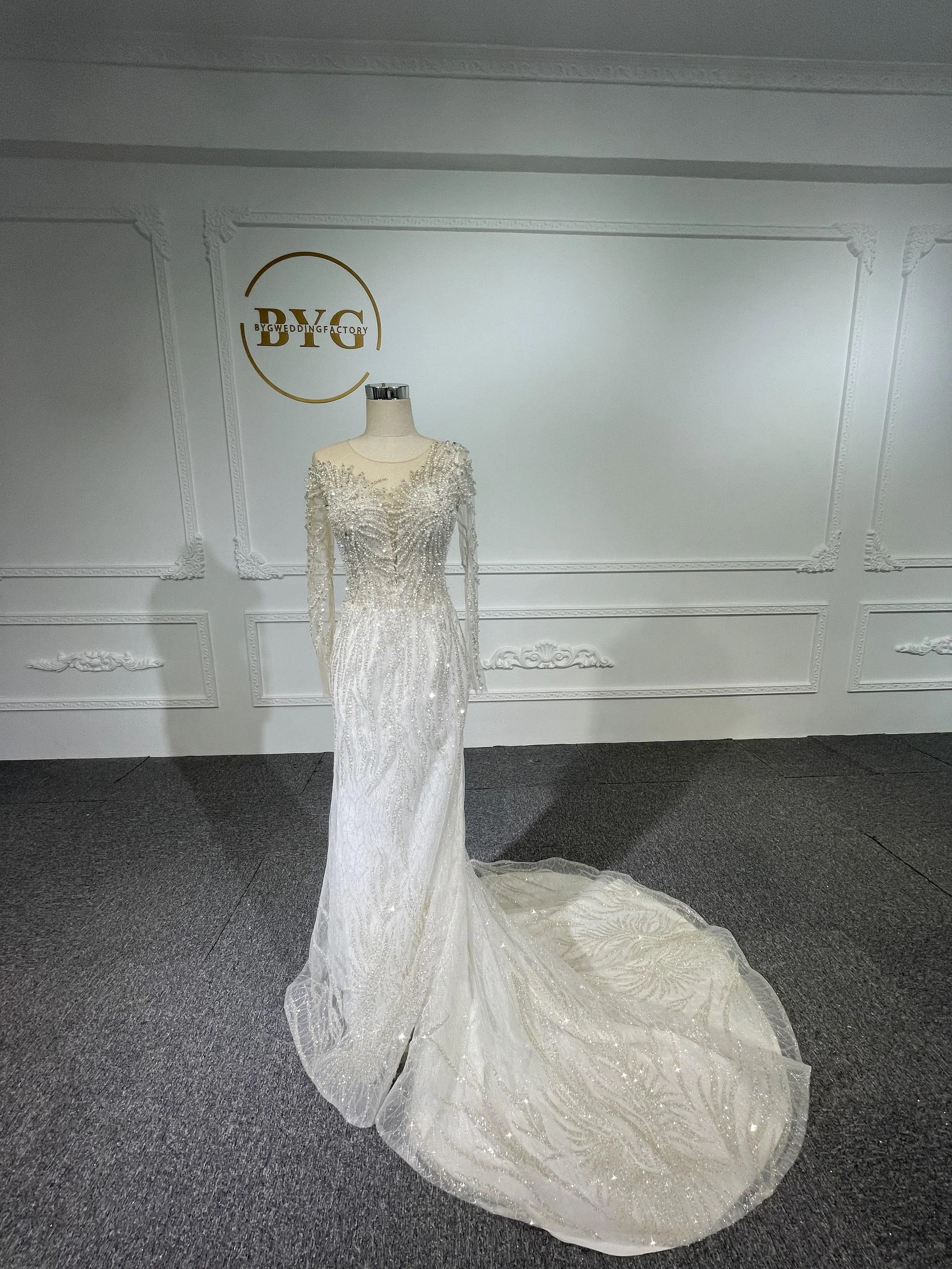 Z045- BYG heavy pearls beading mermaid dresses with Detachable train