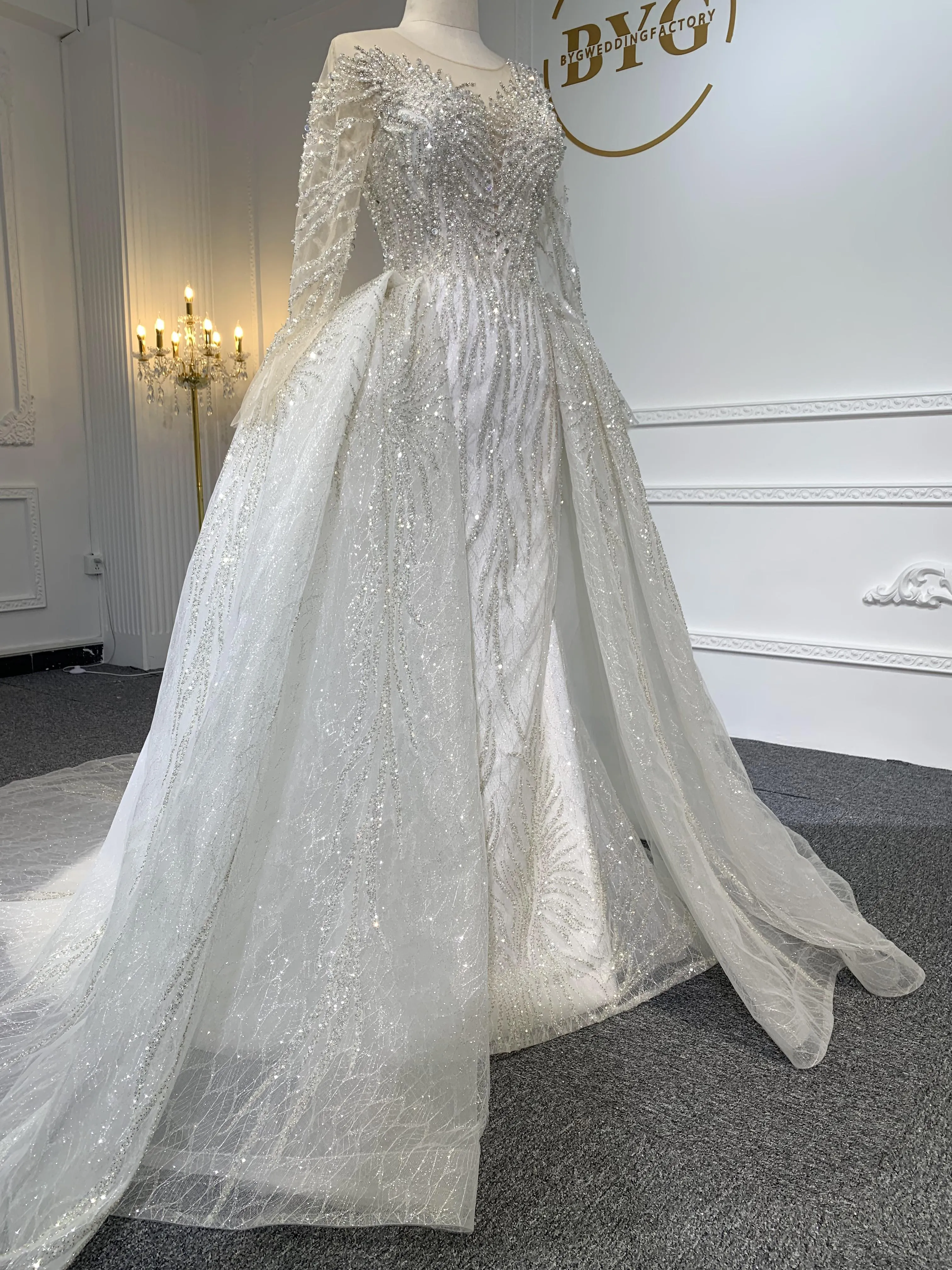 Z045- BYG heavy pearls beading mermaid dresses with Detachable train